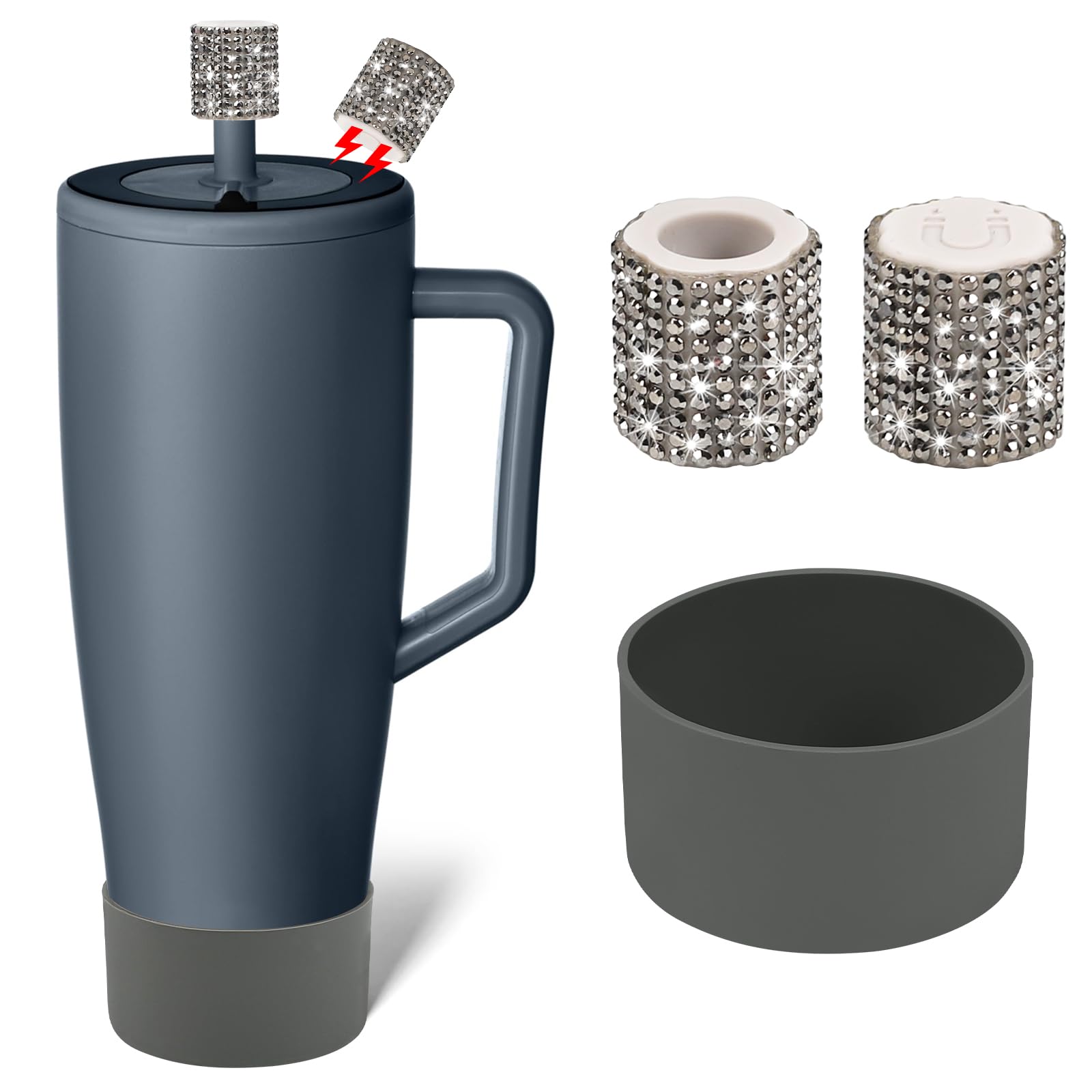 SLEILIN Silicone Boot and Rhinestone Magnetic Straw Cover Cap Compatible with BrüMate Era | Anti-Slip Silicone Protector for 40 oz Tumbler with Handle | Accessory Set for Stainless Steel Drinking Cup