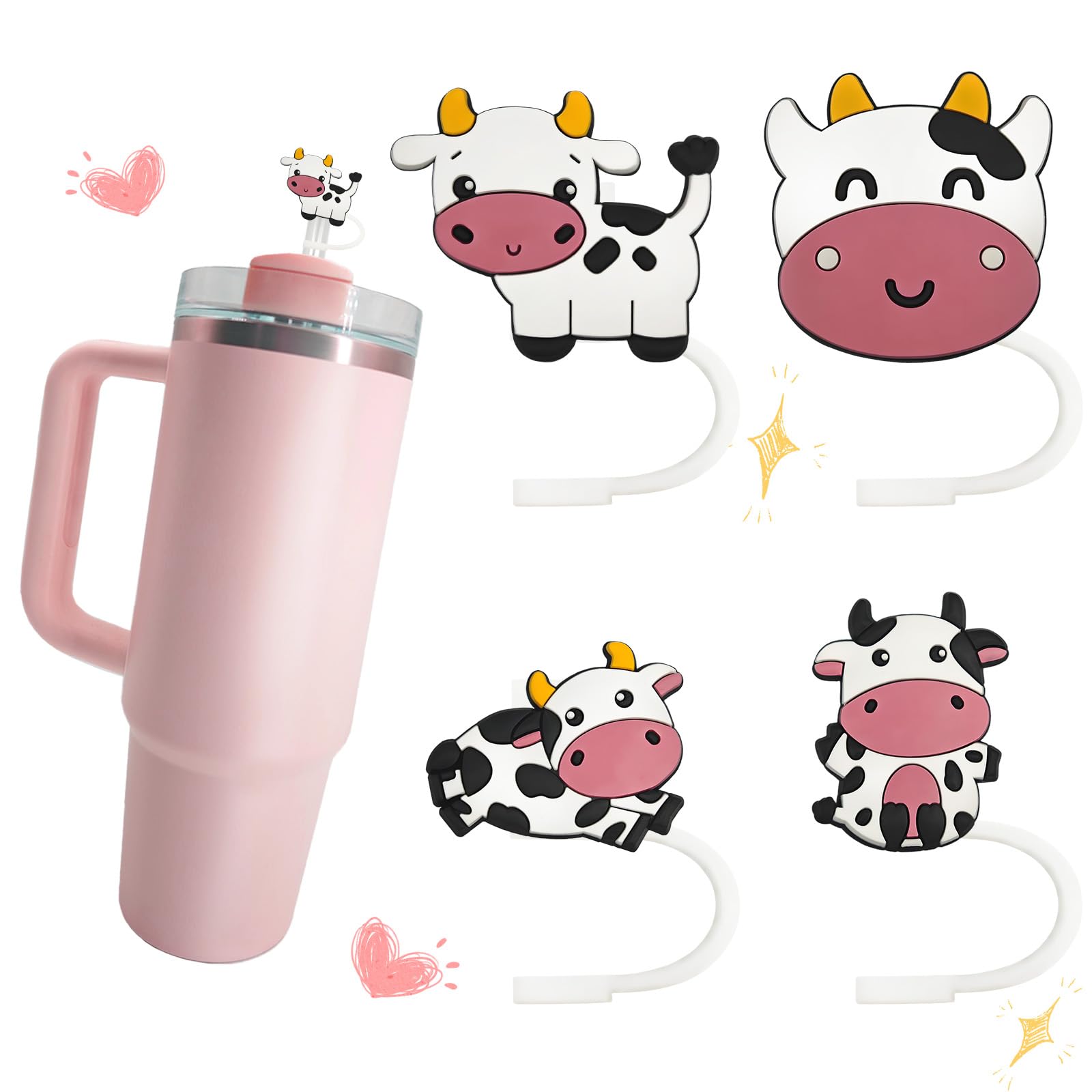 Dairy cow Straw Cover Cap for Stanley Cup, Reusable 10mm (0.4in)