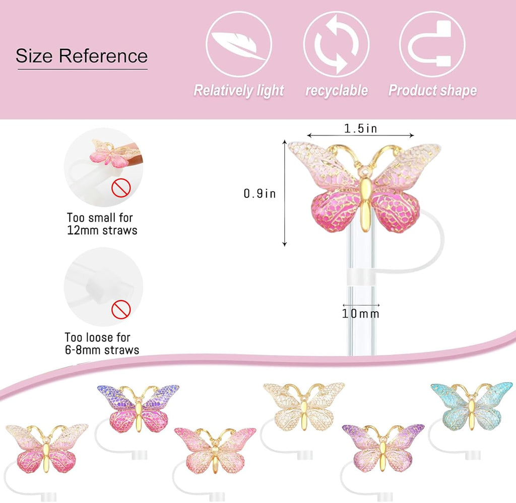 SEMATA 6PCS Cute Butterfly Straw Cover Cap for Stanley Cup Accessories,Bling Straw Toppers for Stanley Tumbler 40&30 oz,Reusable Straws Tips Protectors Compatible with 10mm Straws