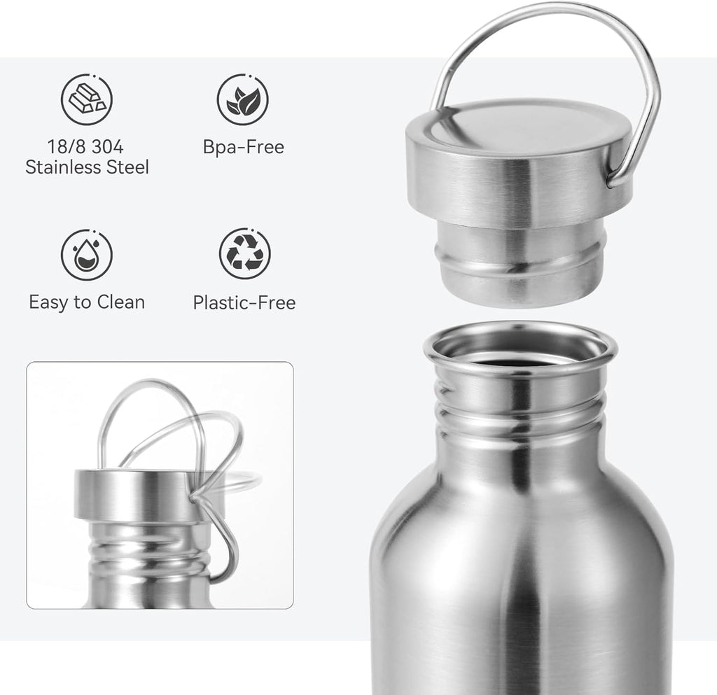 Volhoply 32oz Uninsulated Single Walled Water Bottle, Stainless Steel Reusable Water Bottles with Handle, BPA Free & Plastic Free 18/8 304 Metal Water Bottles for Camping, Hikers, Cyclists