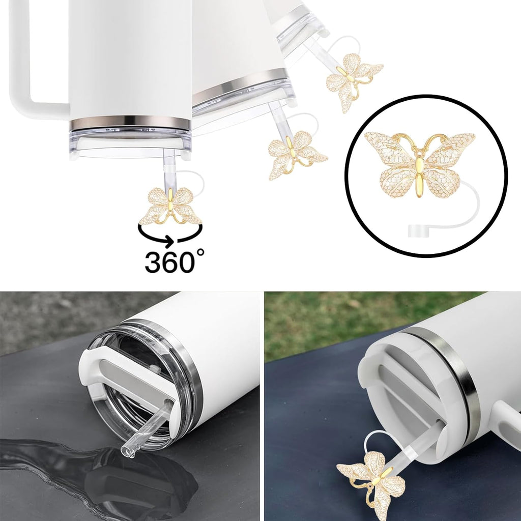 SEMATA 6PCS Cute Butterfly Straw Cover Cap for Stanley Cup Accessories,Bling Straw Toppers for Stanley Tumbler 40&30 oz,Reusable Straws Tips Protectors Compatible with 10mm Straws