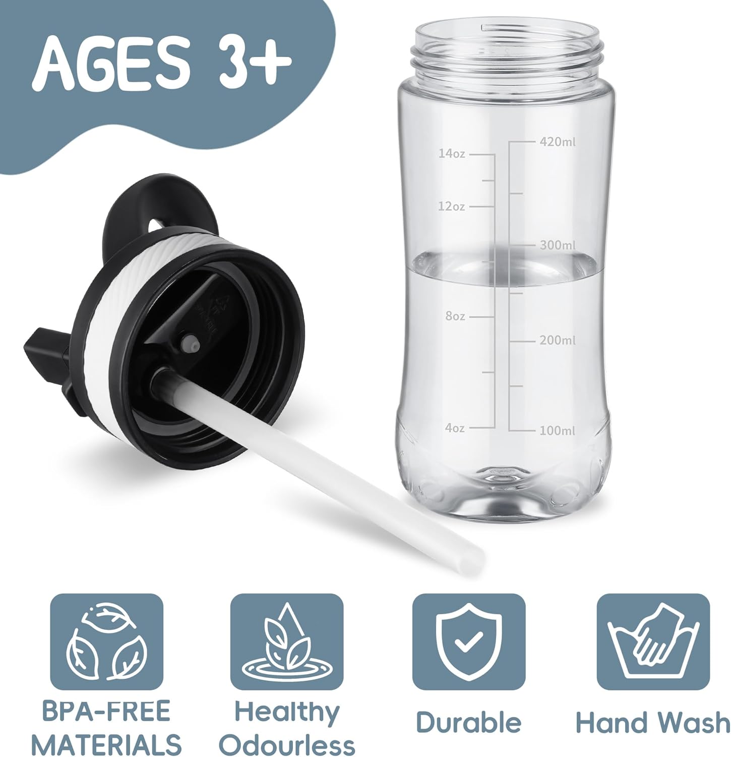 Edmyre Kids Clear Water Bottle 14oz Flip with Straw Carry Handle, Leakproof, Reusable, Tritan, BPA Free, Suitable for Boys and Girls, Clear