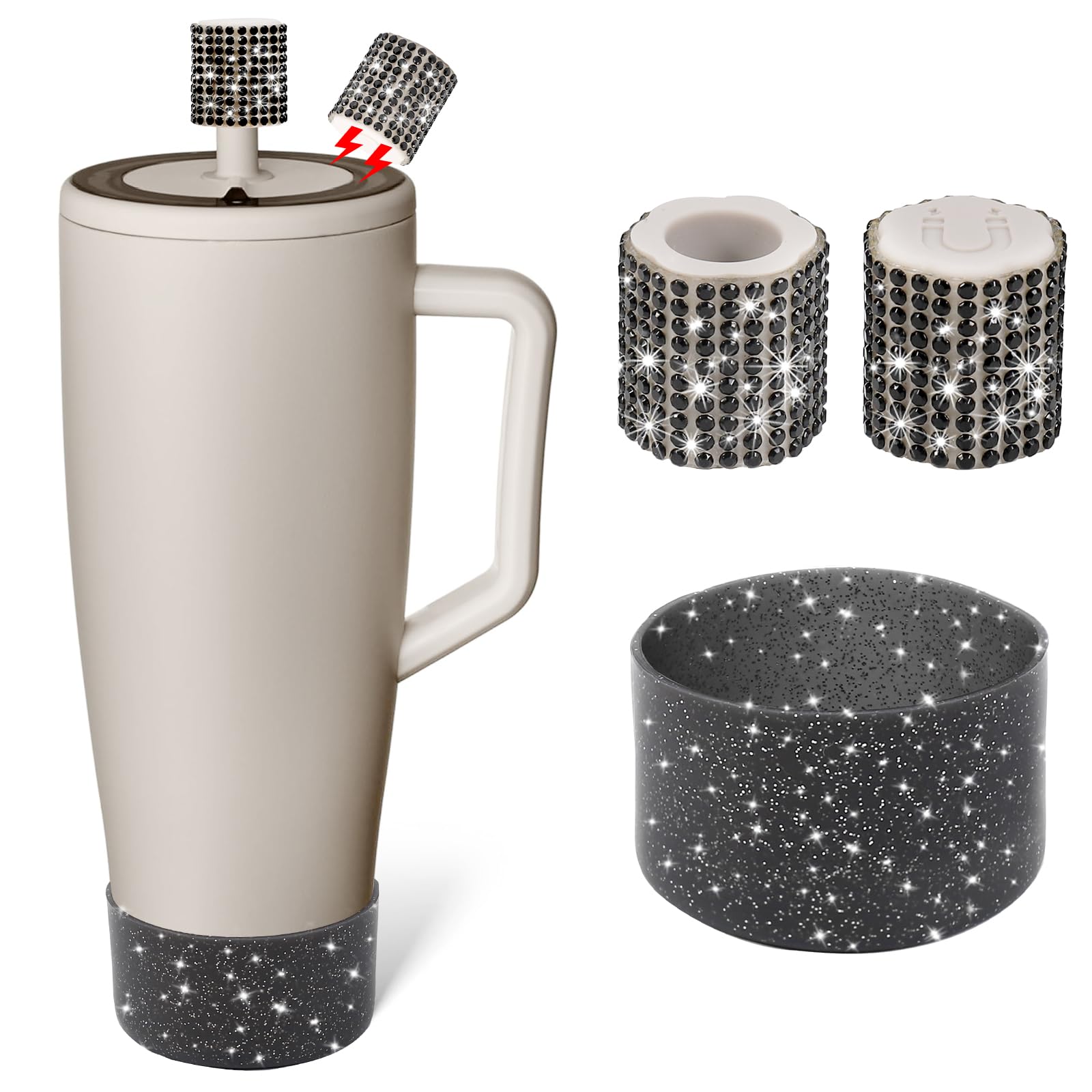 SLEILIN Silicone Boot and Rhinestone Magnetic Straw Cover Cap Compatible with BrüMate Era | Anti-Slip Silicone Protector for 40 oz Tumbler with Handle | Accessory Set for Stainless Steel Drinking Cup