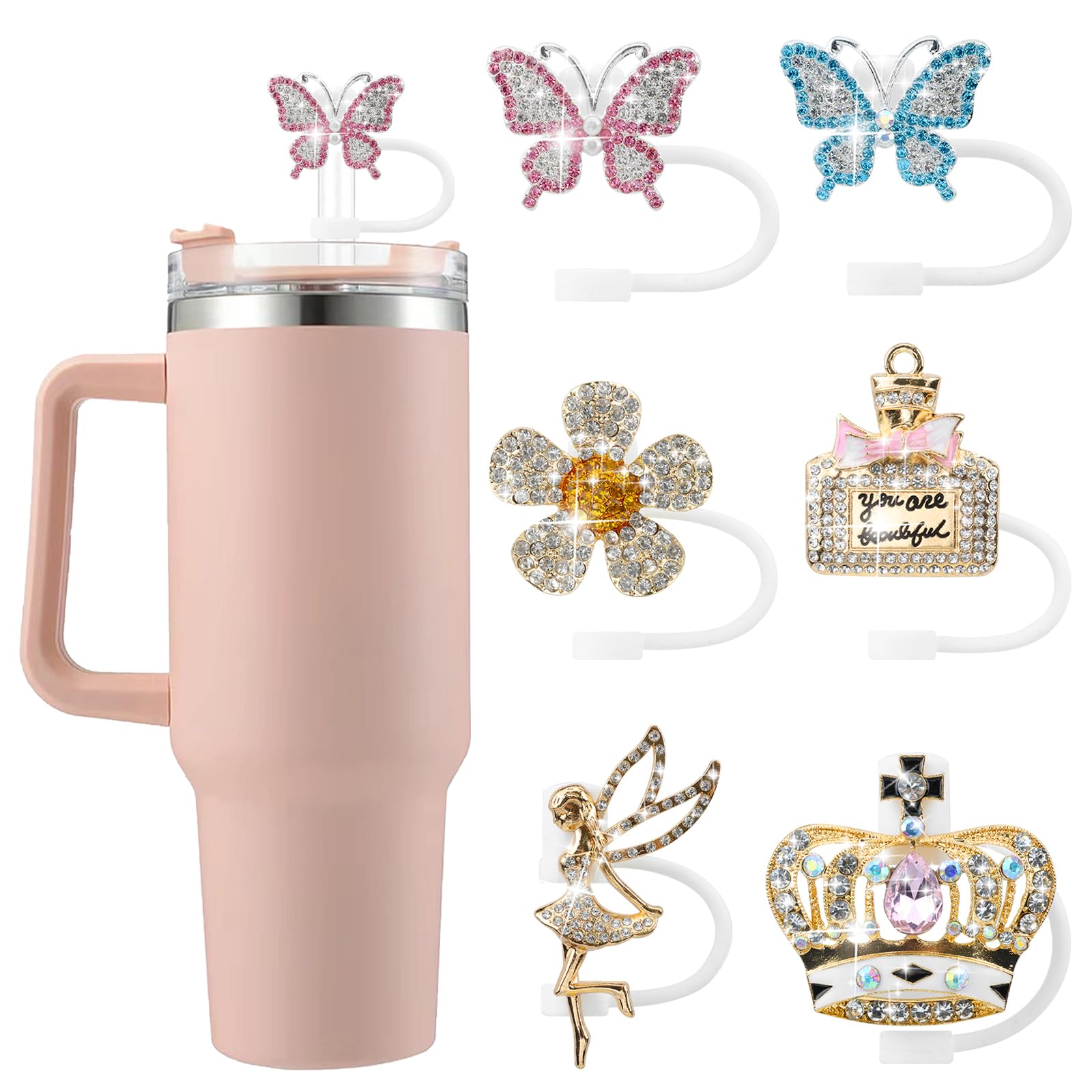 SEMATA 6PCS Cute Butterfly Straw Cover Cap for Stanley Cup Accessories,Bling Straw Toppers for Stanley Tumbler 40&30 oz,Reusable Straws Tips Protectors Compatible with 10mm Straws