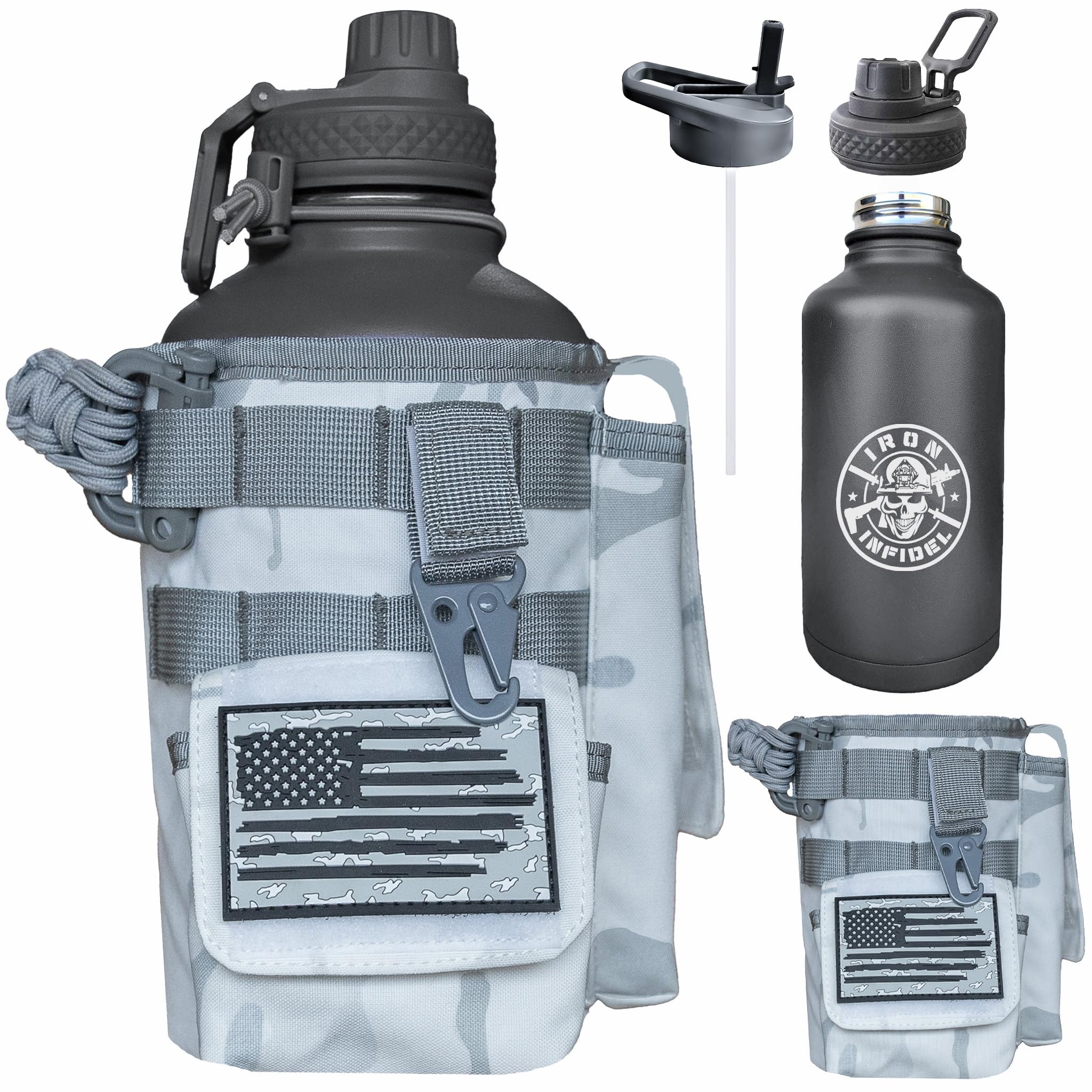 Iron Infidel Battle Bottle - One Gallon Insulated Water Bottle with Dual Carry Handles - 128 oz Tactical Stainless Steel Water Jug & Rugged Extra Large Sleeve With Storage (Betsy 128 Ounces)