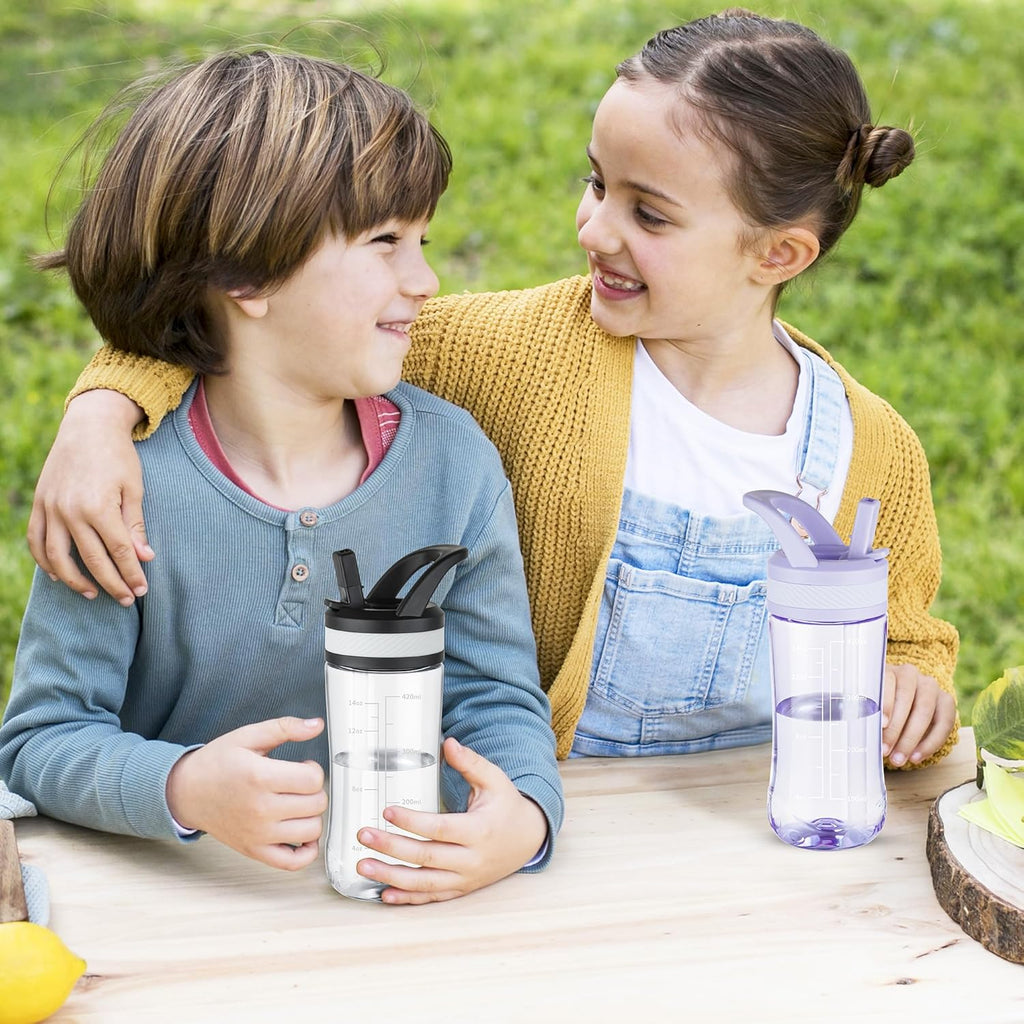 Edmyre Kids Clear Water Bottle 14oz Flip with Straw Carry Handle, Leakproof, Reusable, Tritan, BPA Free, Suitable for Boys and Girls, Clear